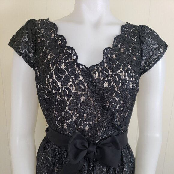 Elle New Years Eve Dress Womens Sz 4 Black Shimmer Lace Overlay Party Belted - Picture 2 of 11